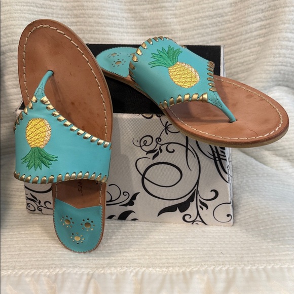 Jack Rogers Shoes - RARE Jack Rogers Pineapple Caribbean Blue w/ Gold Thong Leather Sandals Size 9